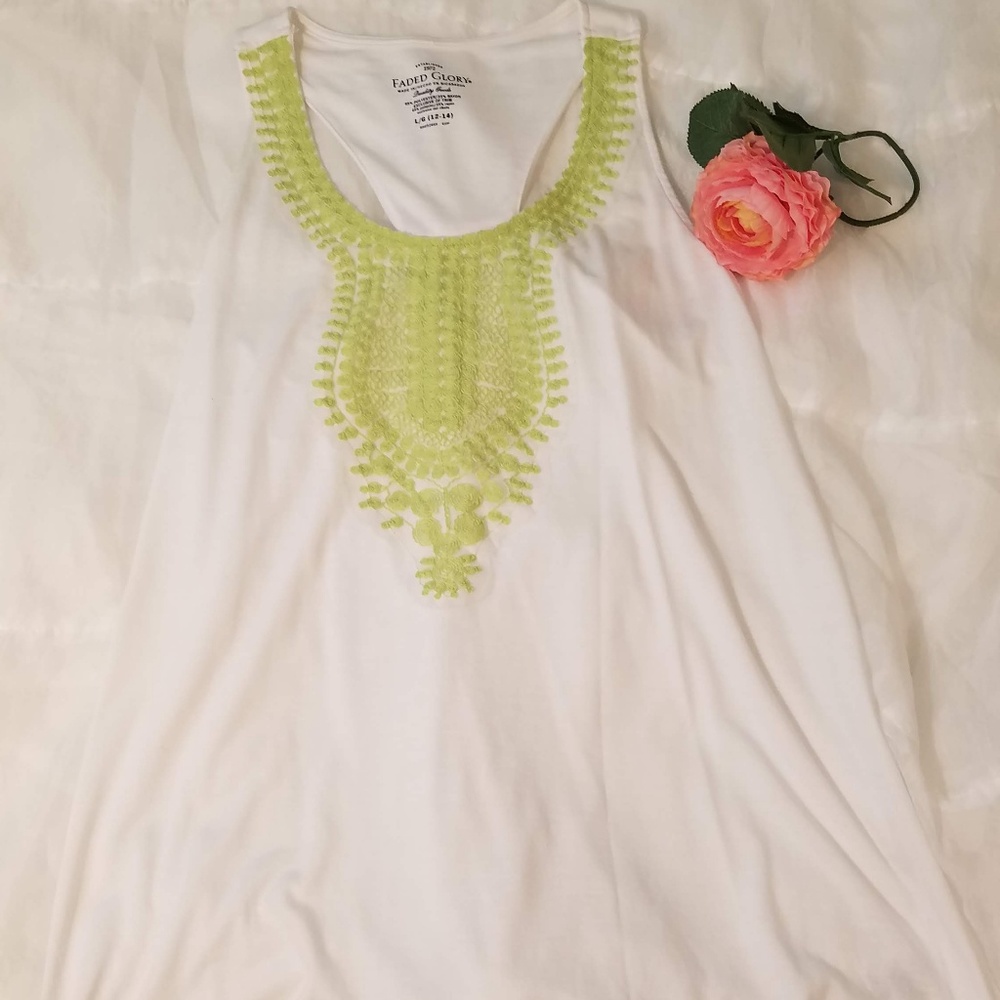 White & green summer cotton top Size 12-14